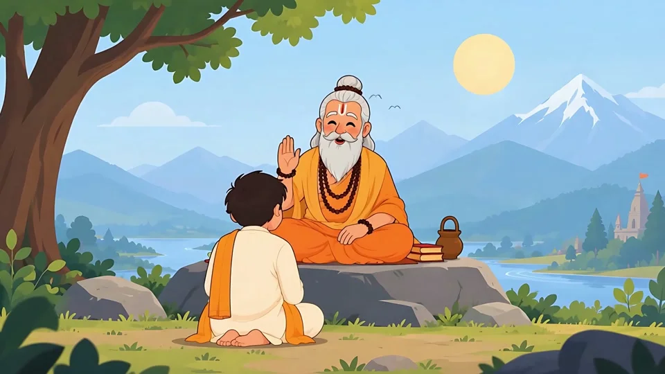Animated Guru Teaching Disciple Ashram Mountains Banner
