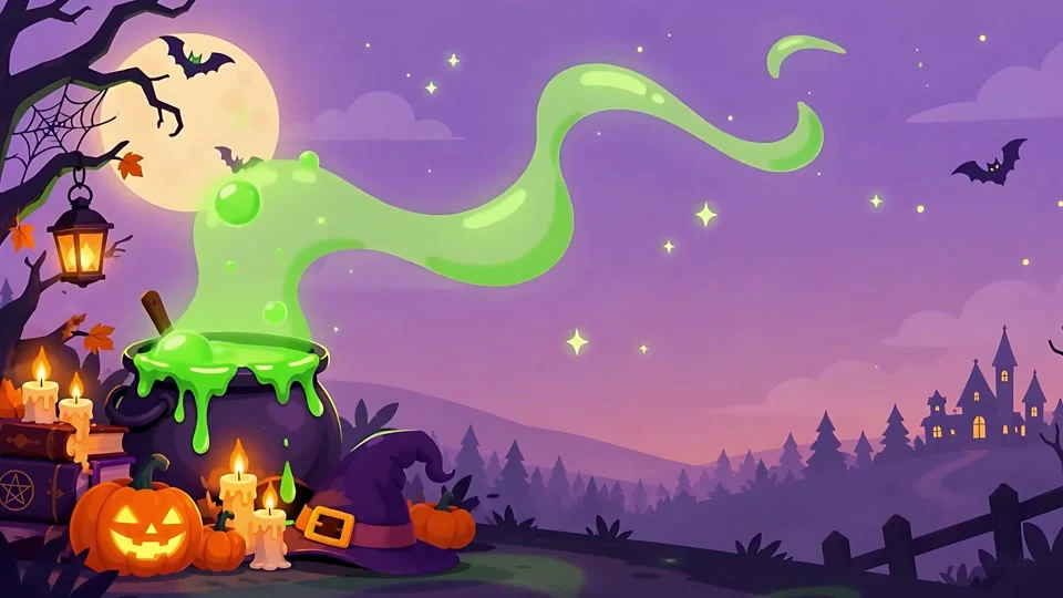 Animated Halloween Night Cauldron Witch Hat Banner