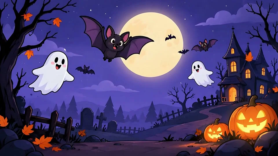 Animated Halloween Night Scene Spooky Ghosts Bats Castle