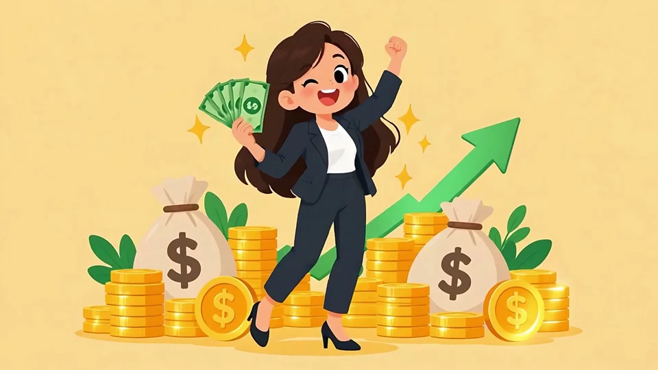 Animated Happy Businesswoman Holding Money Financial Growth Success