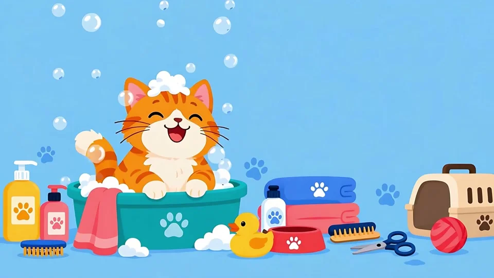 Animated Happy Cat Taking Bath Pet Grooming Banner
