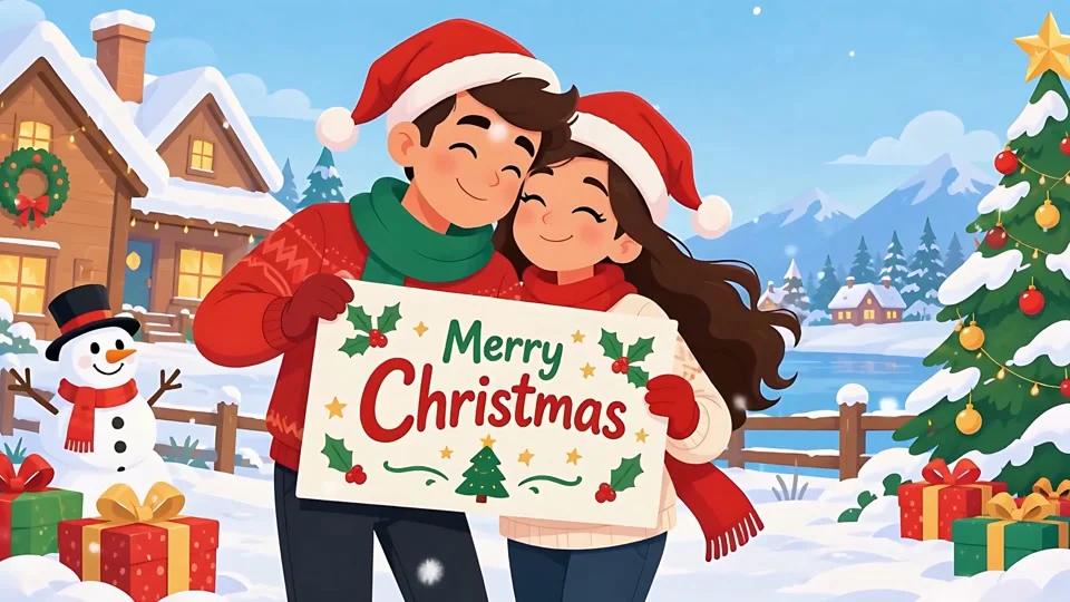 Animated Happy Couple Holding Merry Christmas Sign Winter Wonderland