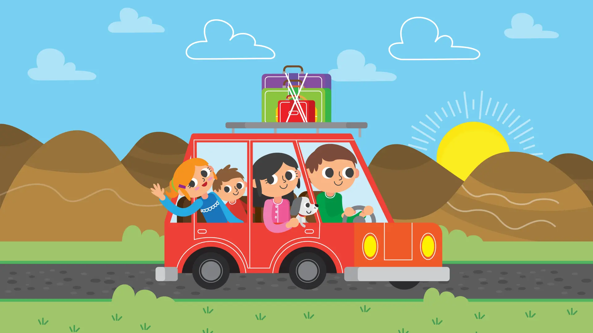 Animated happy family road trip red car summer vacation