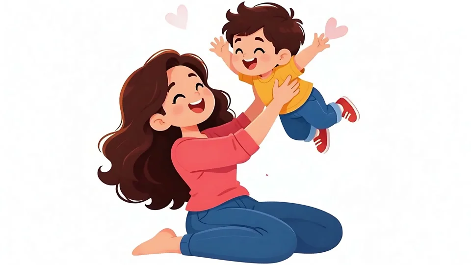 Animated Happy Mother Lifting Cute Son in Air Family Love