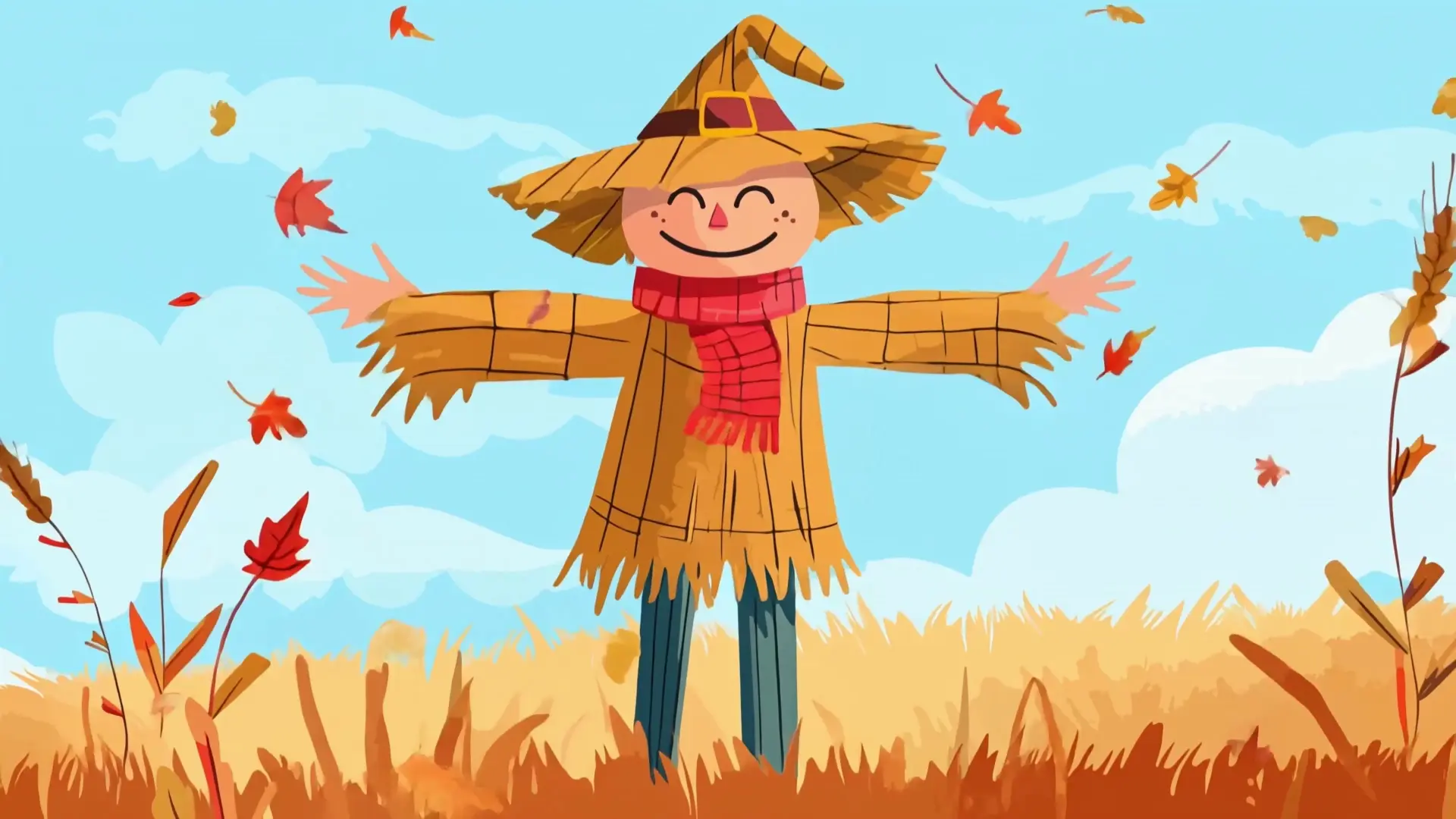 Animated Happy Scarecrow in Autumn Field Falling Leaves