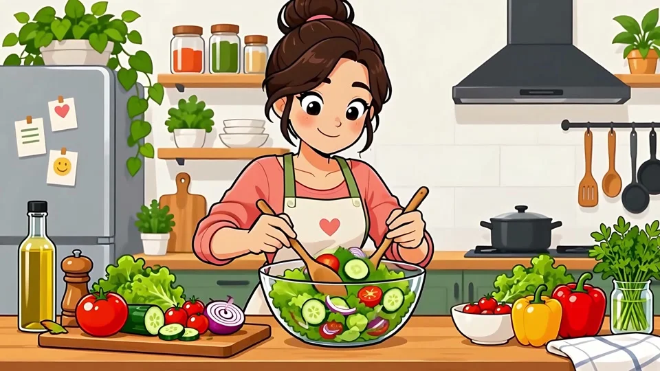 Animated Happy Woman Cooking Healthy Vegetable Salad Kitchen