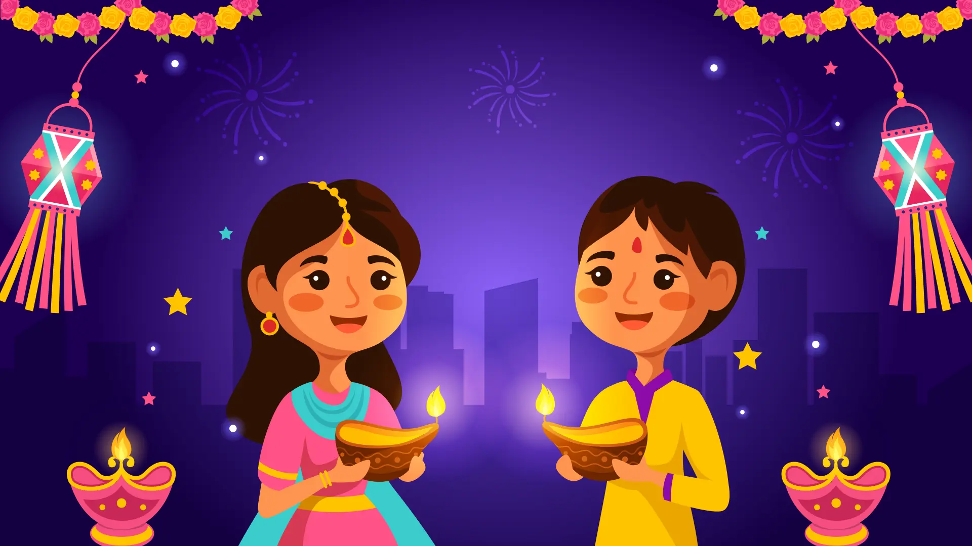 Animated Indian Couple Holding Diwali Diyas Festival of Lights
