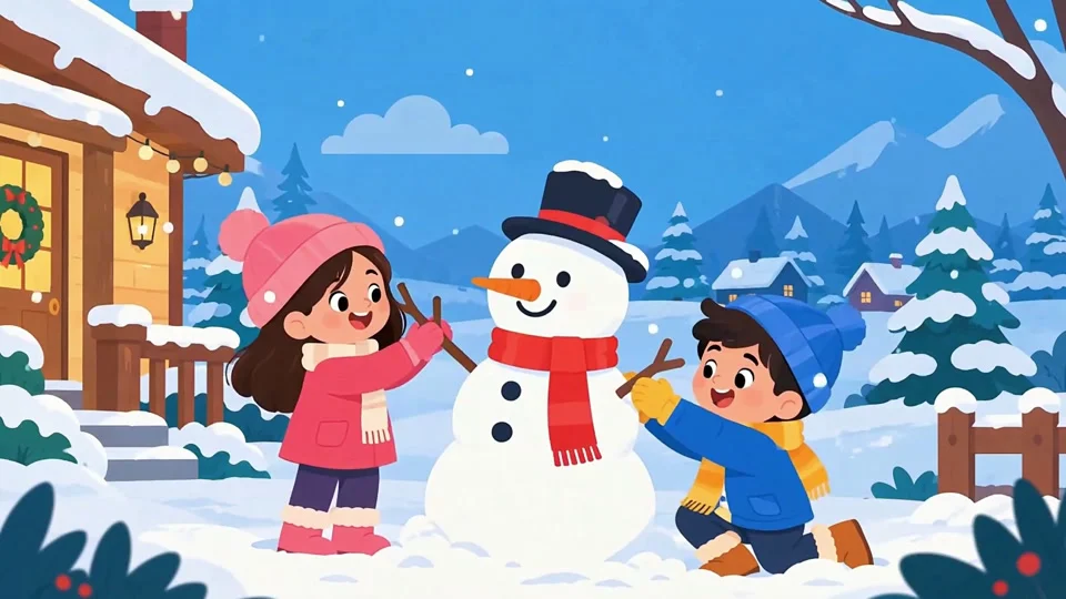 Animated Kids Building Snowman Winter Christmas Holiday