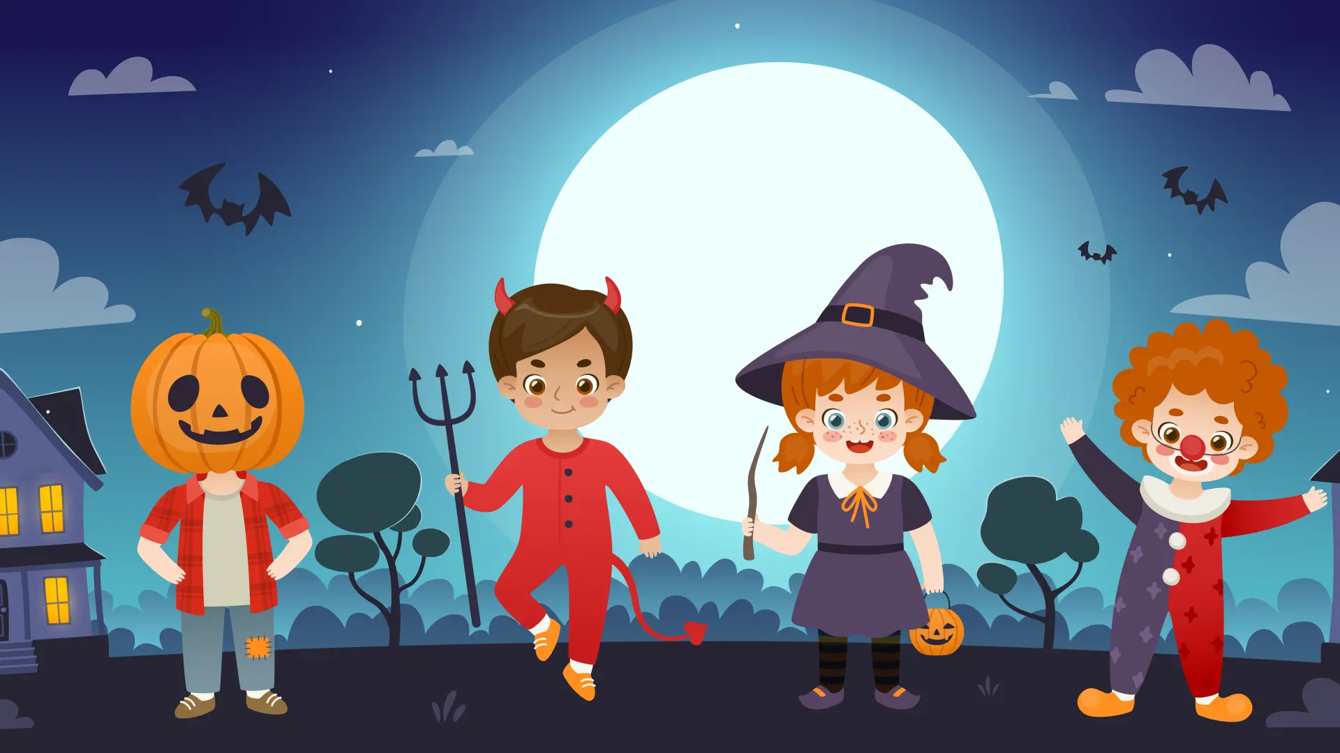 Animated Kids in Halloween Costumes Trick or Treat Full Moon