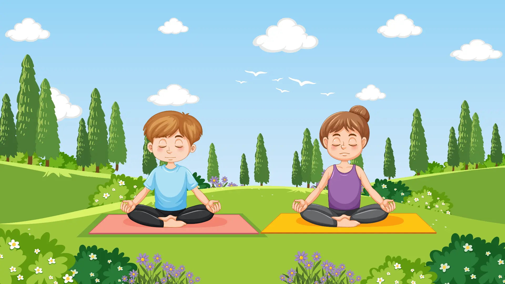 Animated Kids Meditating in Park Mental Health Day
