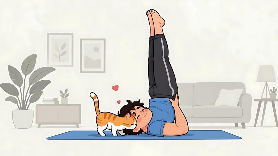 Animated Man Doing Yoga Shoulder Stand Cute Cat Home Workout