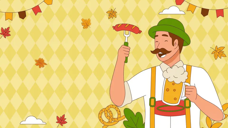 Animated Man Holding Beer and Sausage Oktoberfest Celebration
