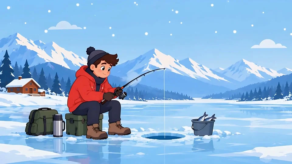 Animated Man Ice Fishing Frozen Lake Winter Banner