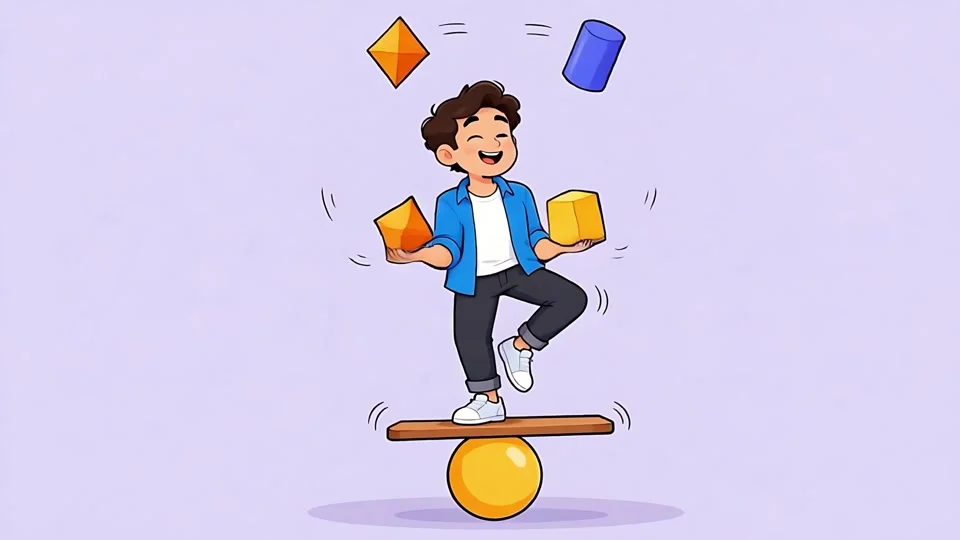 Animated Man Juggling Geometric Shapes Balancing Board Skills