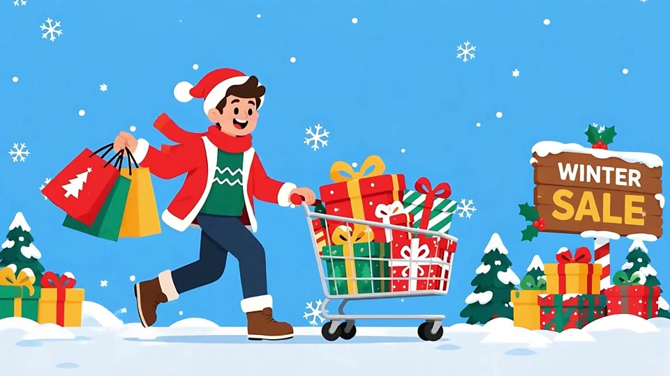 Animated Man Shopping Cart Gifts Winter Sale