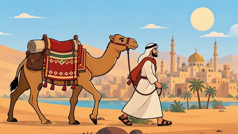 Animated Man Walking with Camel Desert City Banner
