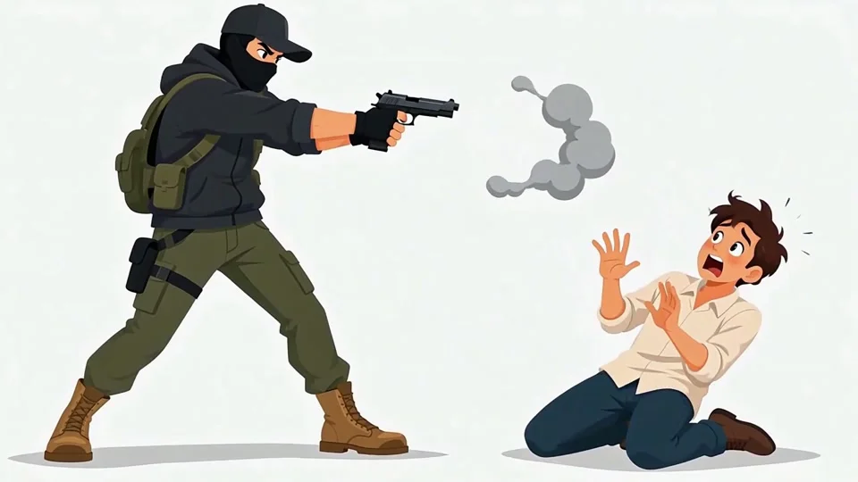 Animated Masked Armed Robber Pointing Gun Terrified Victim