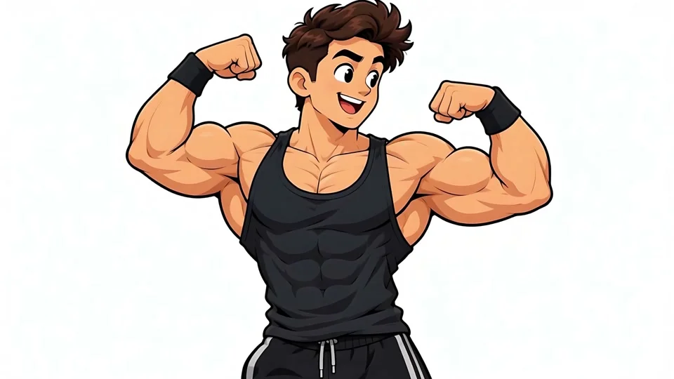 Animated Muscular Man Flexing Biceps Gym Workout