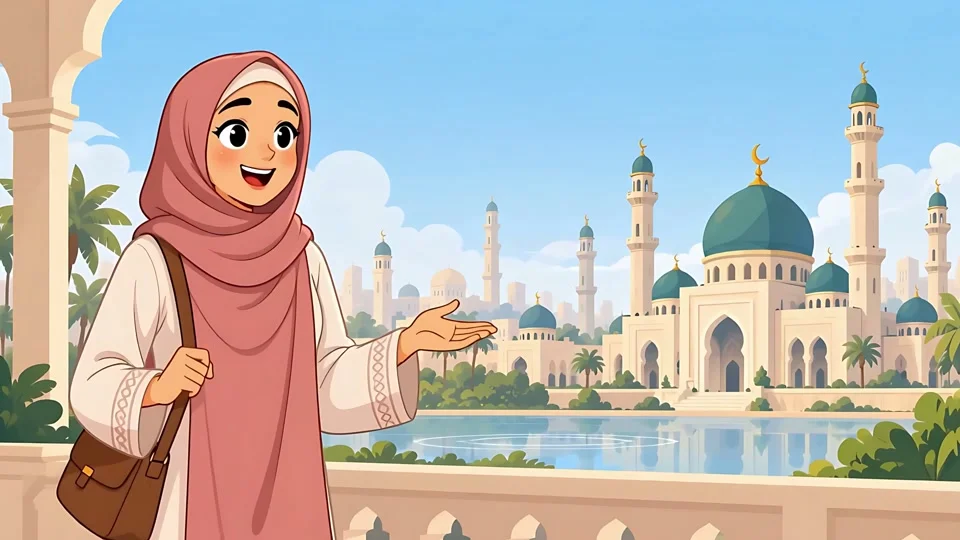 Animated Muslim Woman Hijab Mosque Architecture Background