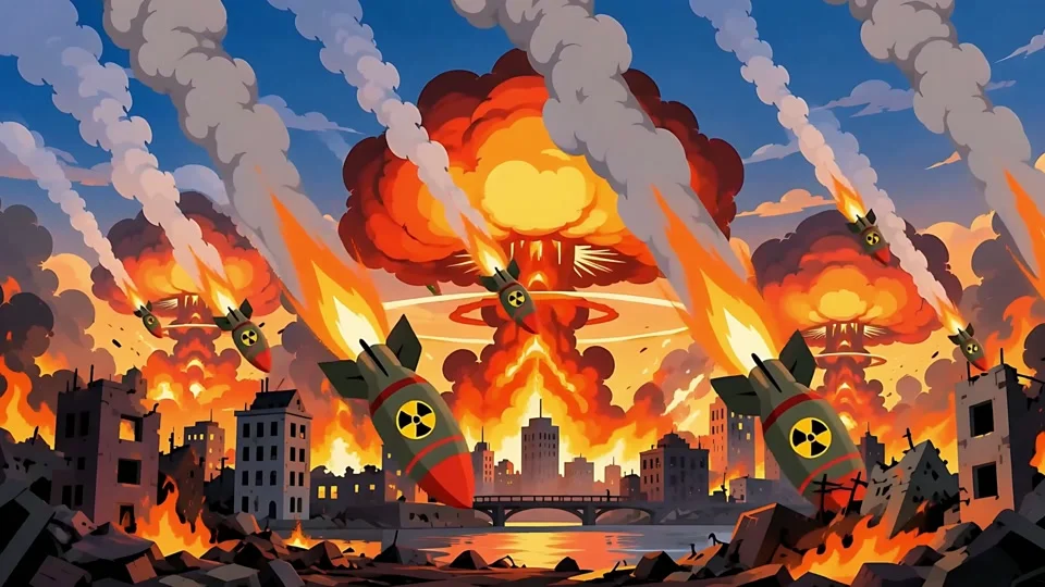Animated Nuclear Bomb Explosions Destroying City Apocalypse War