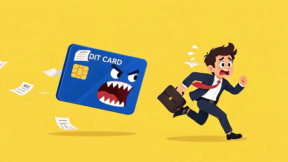 Animated Panicked Businessman Running Away Scary Credit Card Debt
