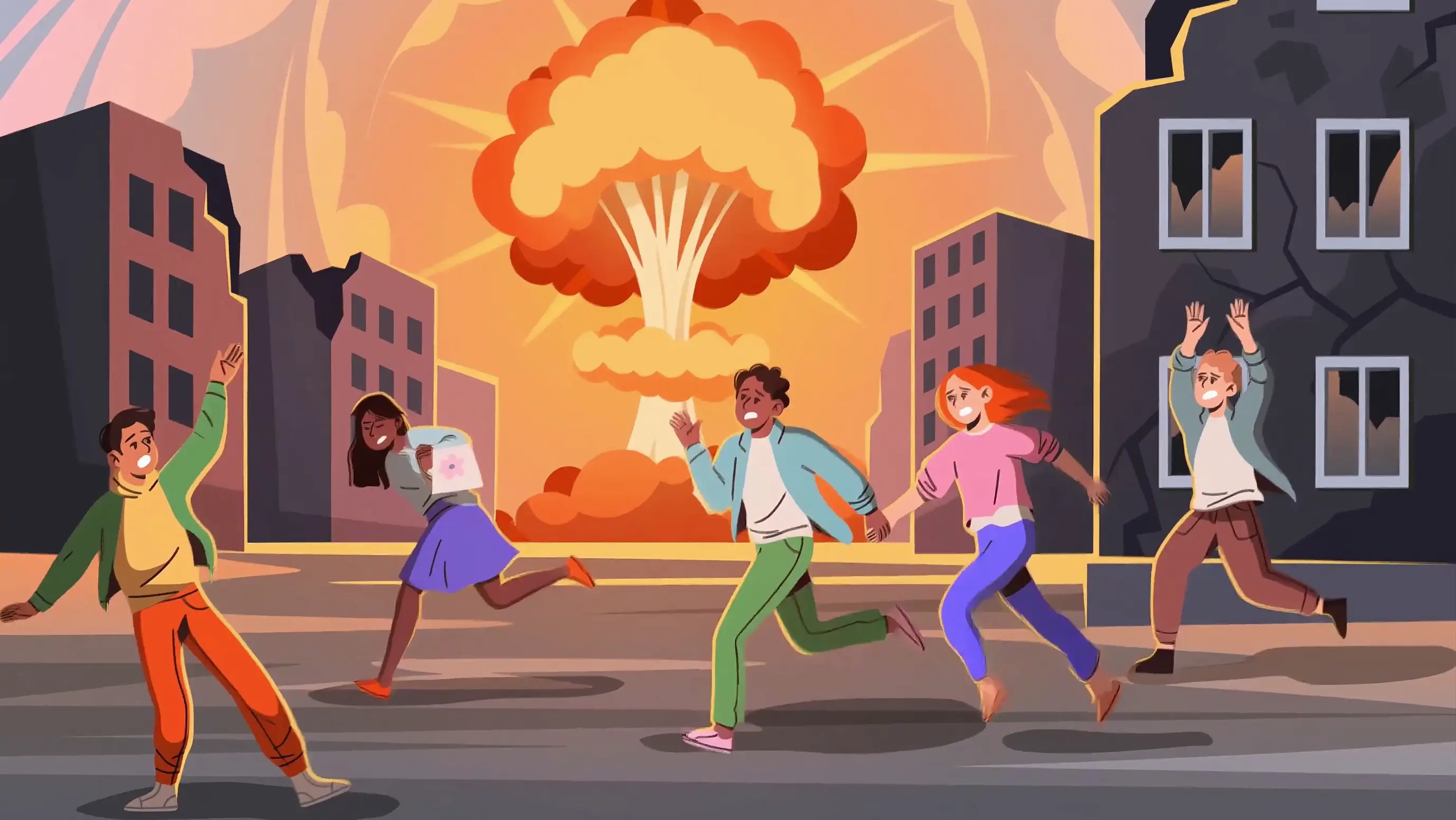 Animated People Running From Massive City Explosion Disaster