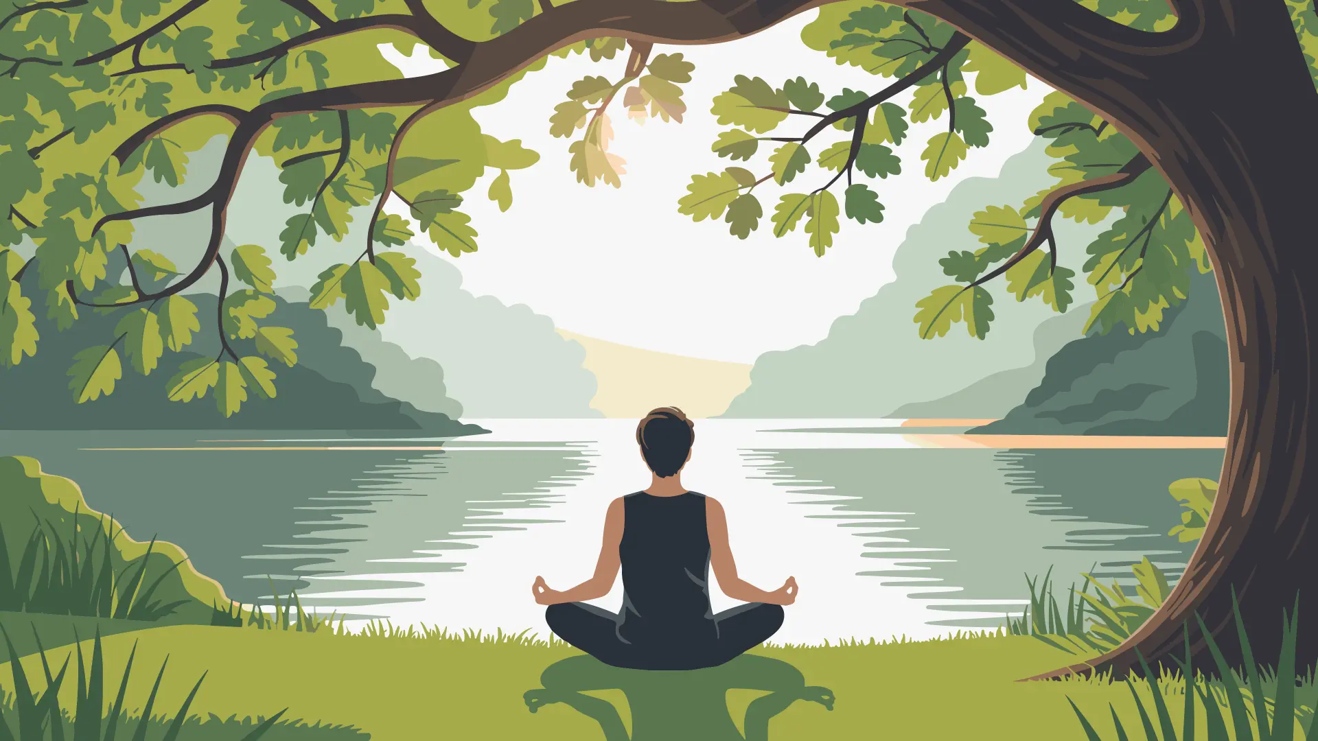 Animated Person Meditating by Lake Mental Health Day