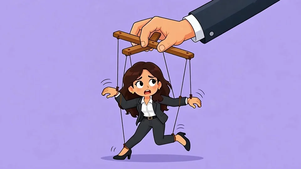 Animated Puppeteer Hand Controlling Businesswoman Marionette