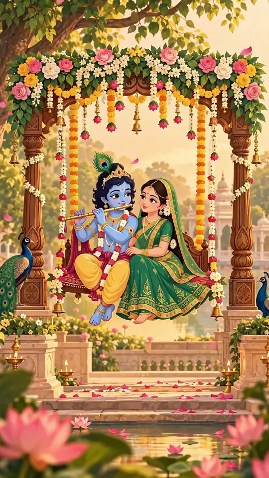 Animated Radha Krishna Playing Flute On Flower Swing Vrindavan