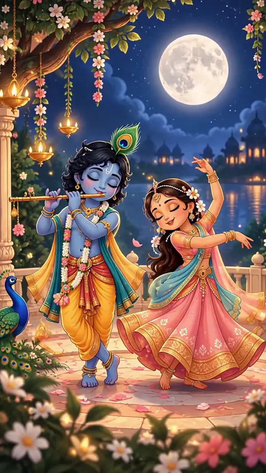 Animated Radha Krishna Raas Leela Dance Full Moon Night