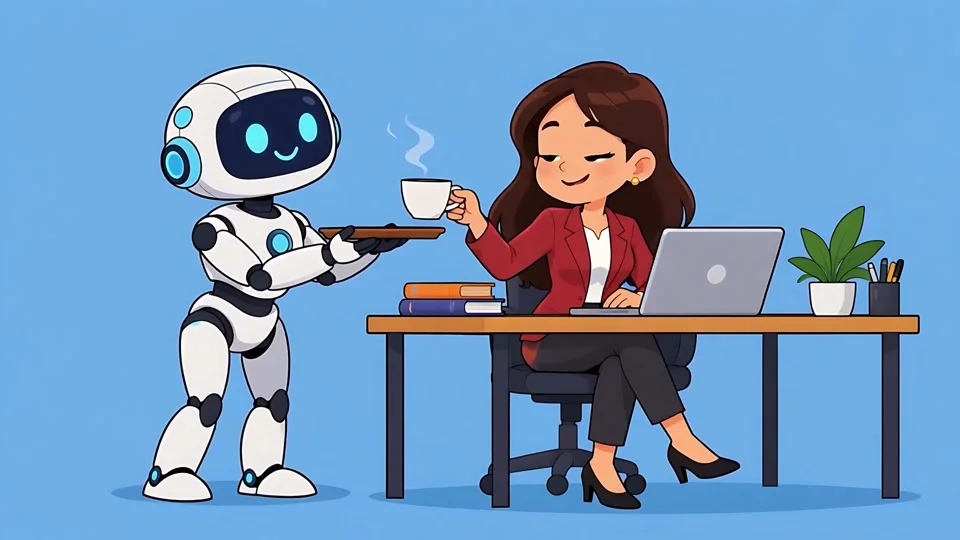 Animated Robot Serving Coffee Businesswoman Office Banner