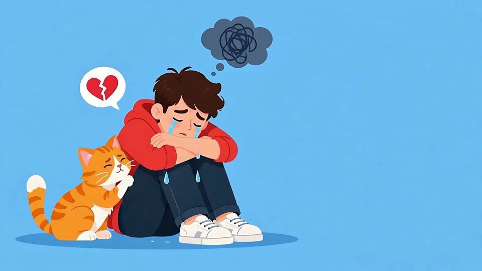 Animated Sad Boy Crying Broken Heart Cat Comforting Banner