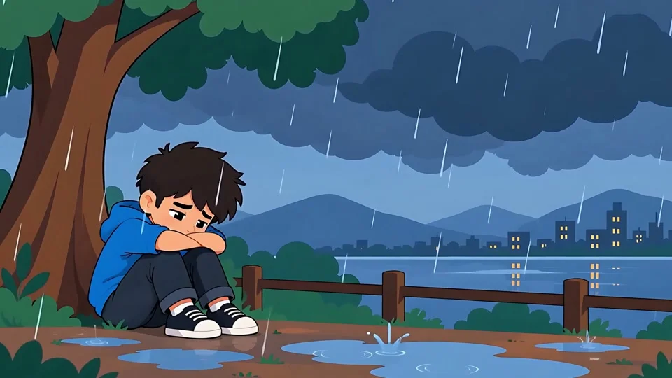 Animated Sad Boy Sitting Under Tree Rain Depression Mental Health