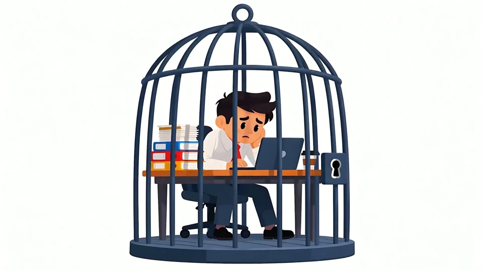 Animated Sad Businessman Trapped in Cage Working on Laptop