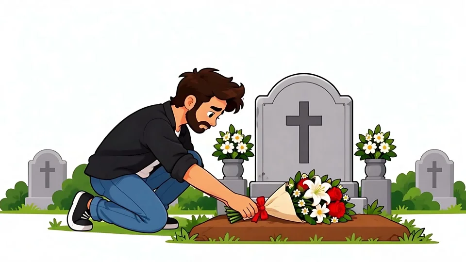 Animated Sad Man Placing Flowers on Grave Cemetery Mourning
