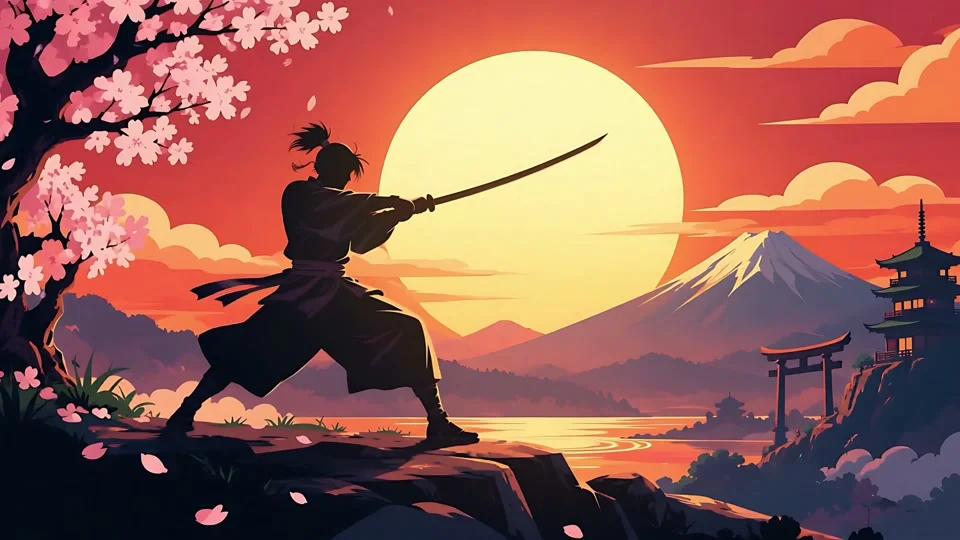 Animated Samurai Silhouette Sword Mount Fuji Sunset