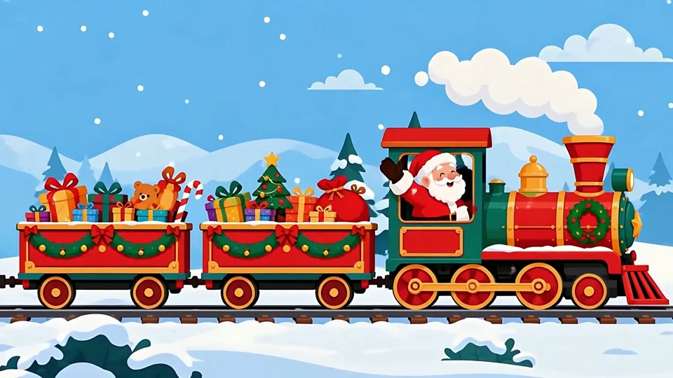 Animated Santa Claus Driving Christmas Train with Gifts Snow