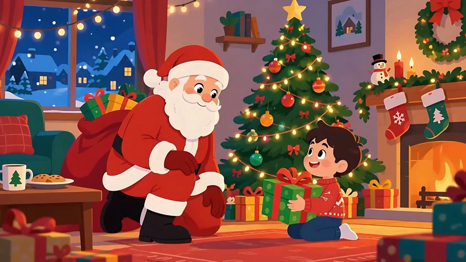 Animated Santa Claus Giving Gift to Boy Christmas Living Room