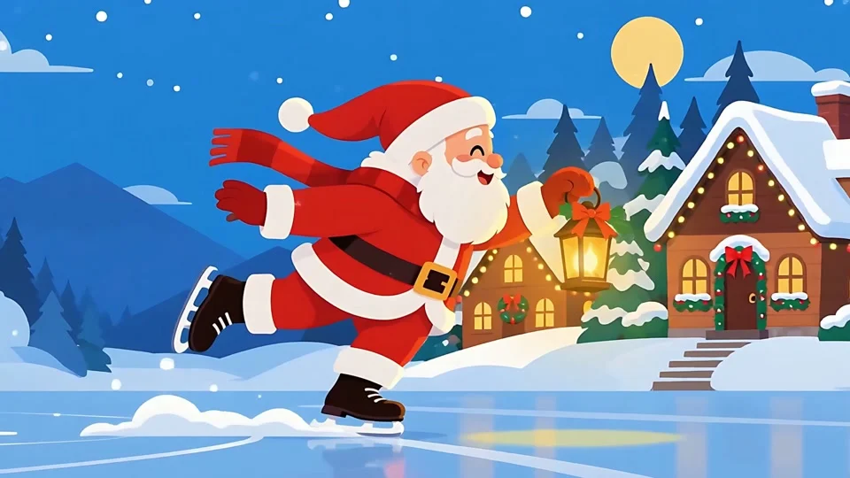 Animated Santa Claus Ice Skating Frozen Lake Winter Village