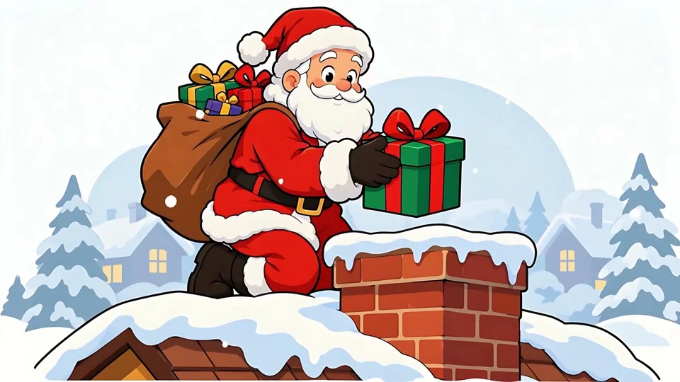 Animated Santa Claus Putting Gift in Chimney Snowy Roof