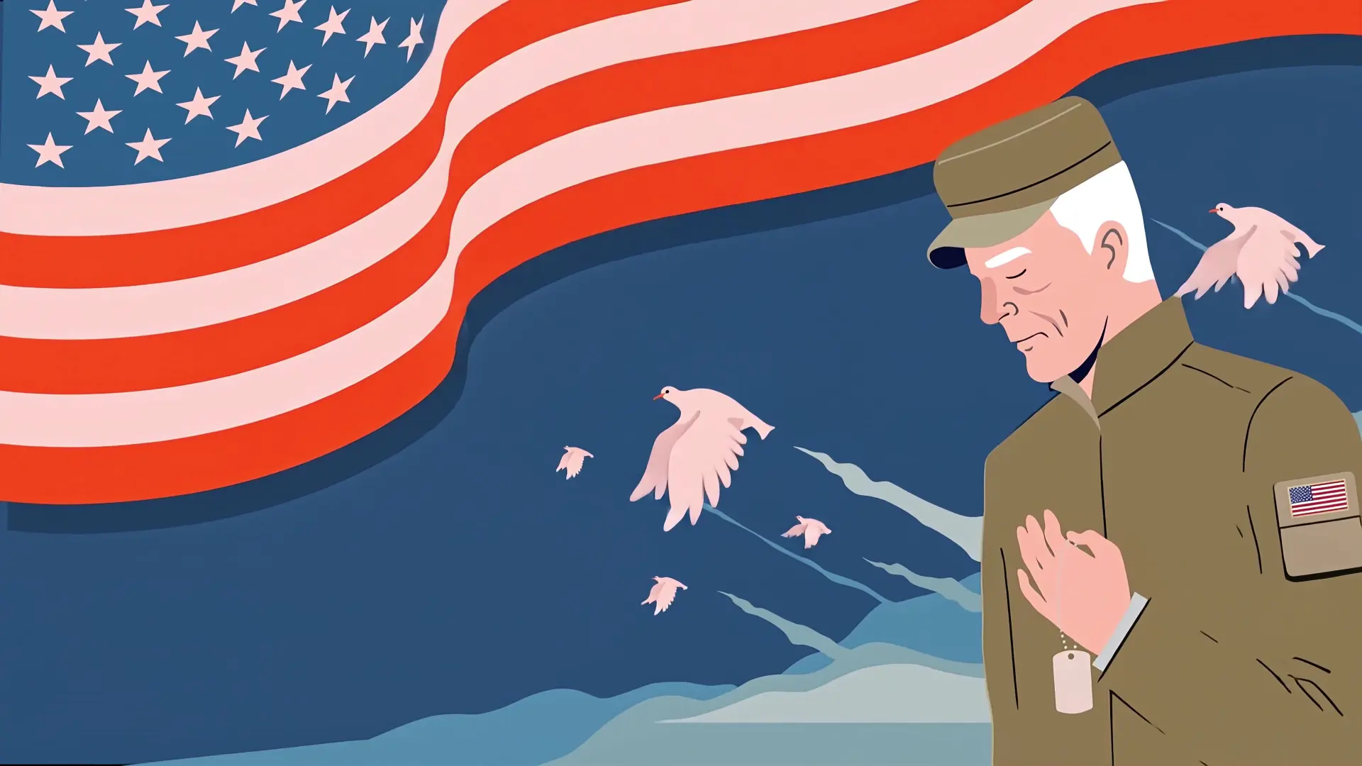 Animated Senior Veteran Holding Dog Tags Us Flag Memorial Day