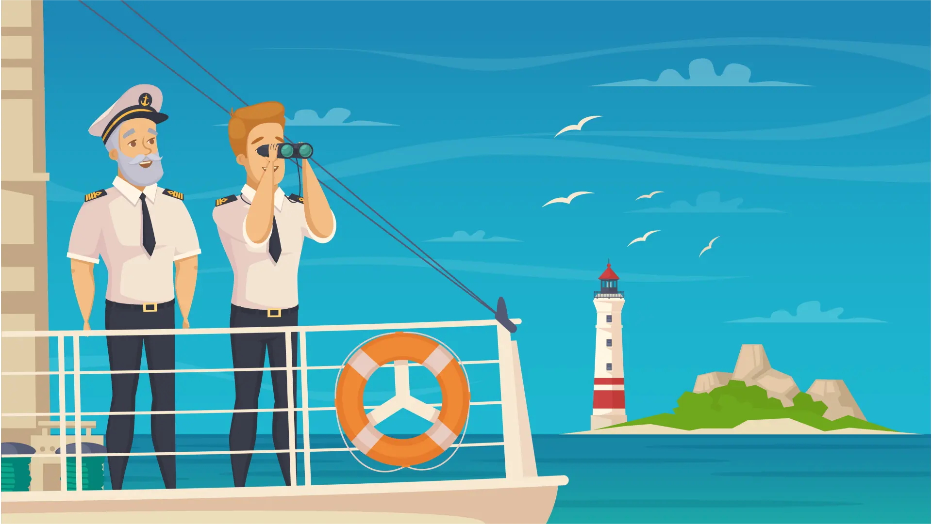 Animated Ship Captain and Sailor with Binoculars Lighthouse