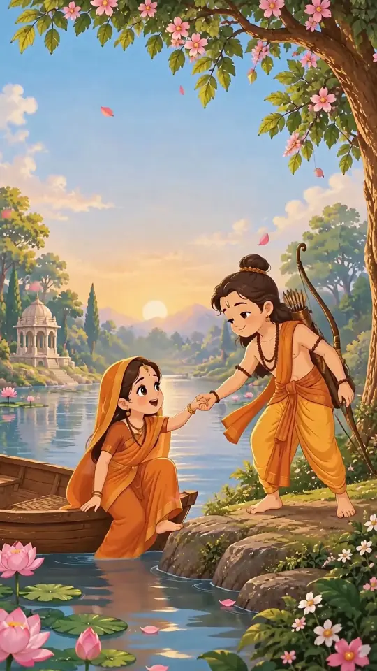 Animated Sita Rama Crossing River Boat Vanvas Sunset