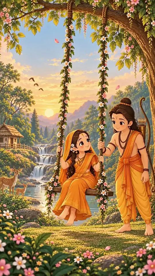 Animated Sita Rama On Flower Swing Forest Vanvas