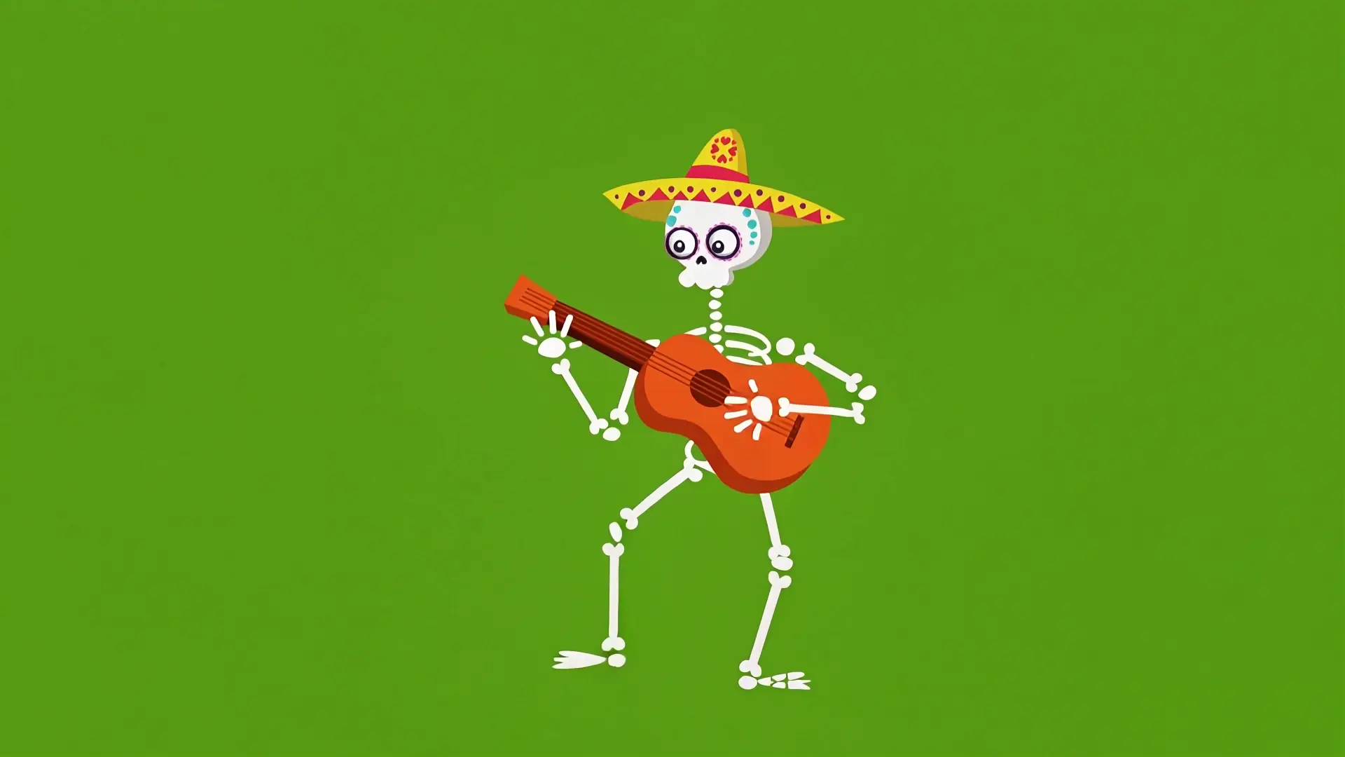 Animated Skeleton Playing Guitar on Green Screen Dia de los Muertos