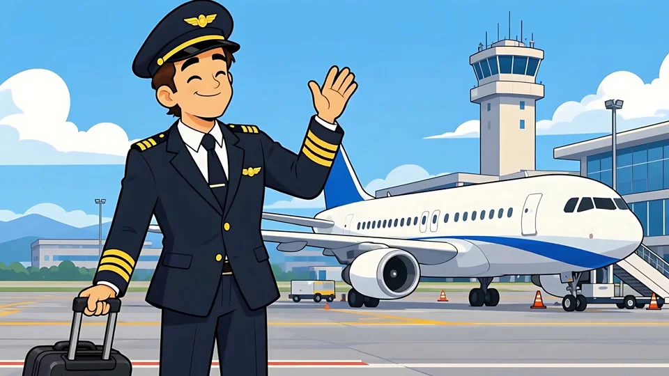 Animated Smiling Airline Pilot with Suitcase Airport Airplane