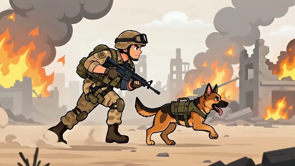 Animated Soldier Running Military Dog War Zone Combat