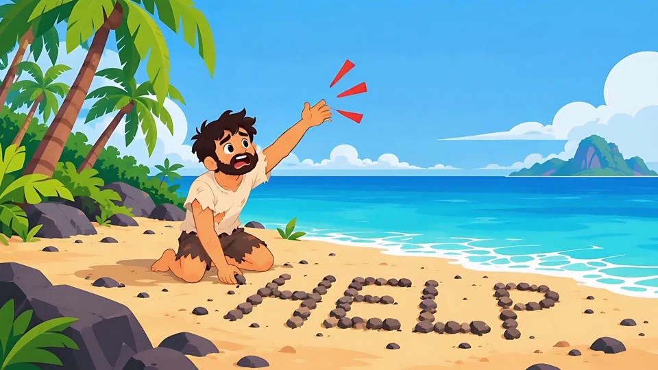 Animated Stranded Man Help Sign Rocks Desert Island