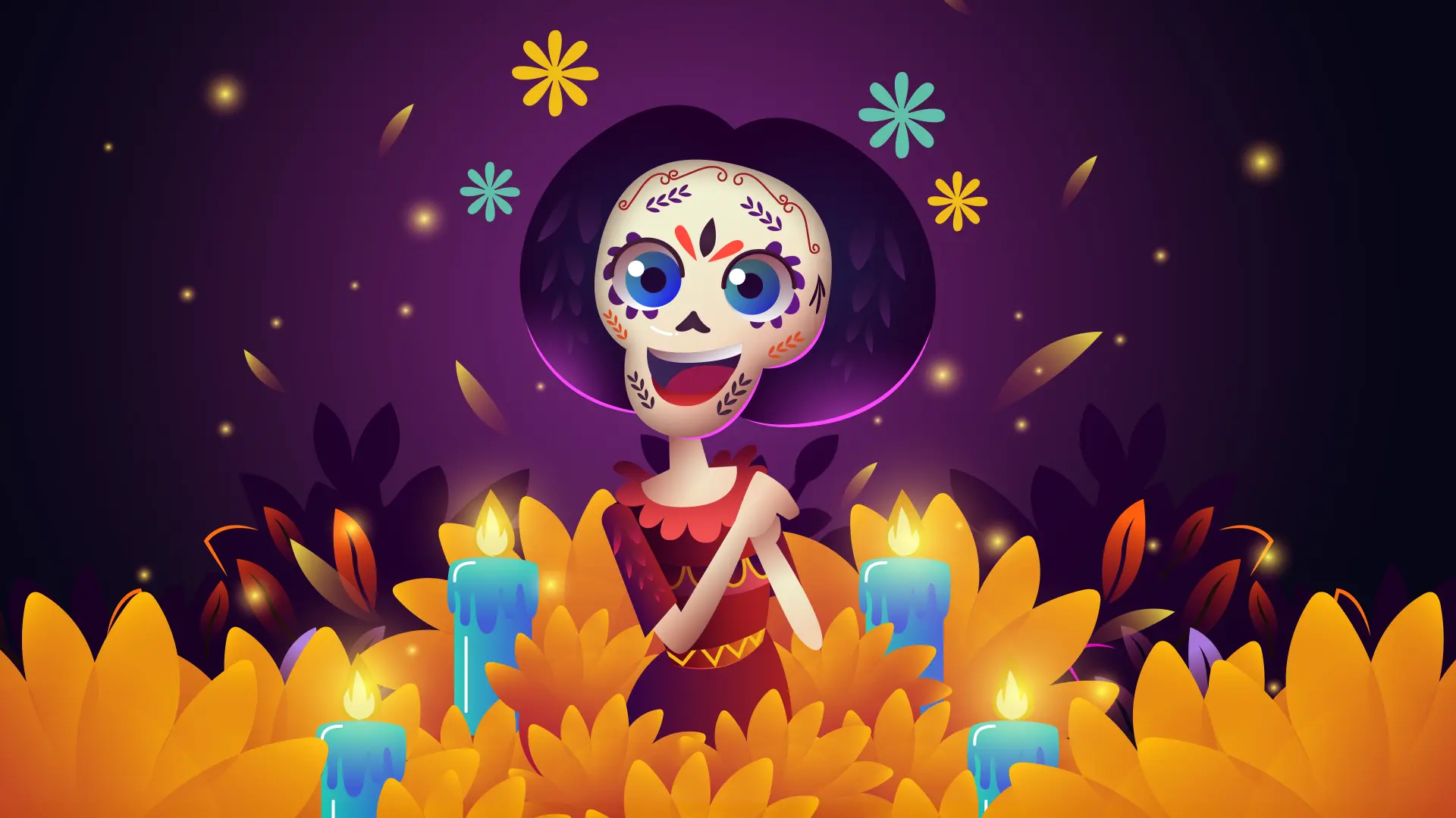 Animated Sugar Skull Girl With Marigolds And Candles Dia De Los Muertos