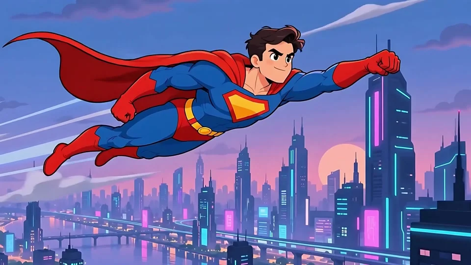 Animated Superhero Flying Over Futuristic City Banner